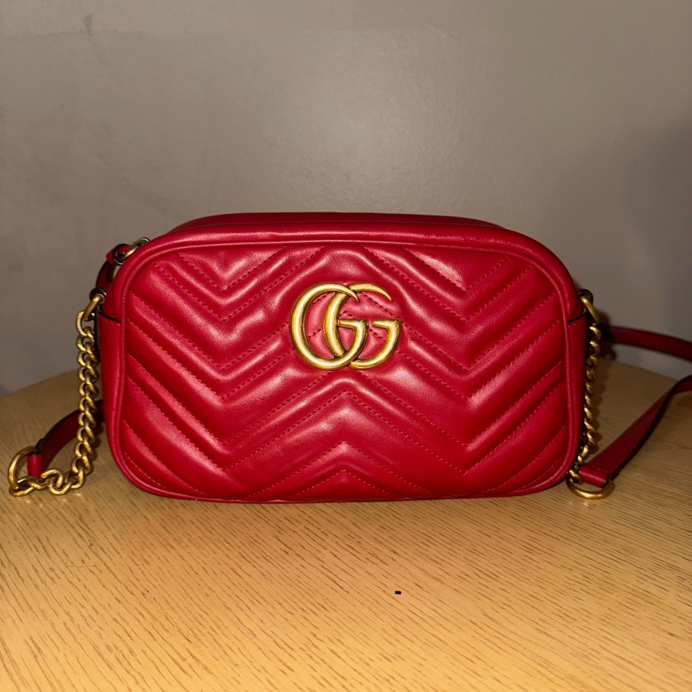 Gucci Red Chevron Crossbody Bag with Gold Accents